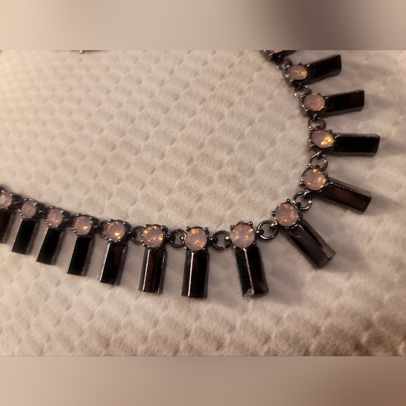 Peach Rhinestone Statement Necklace With Charcoal Metal Accents - Picture 4 of 7